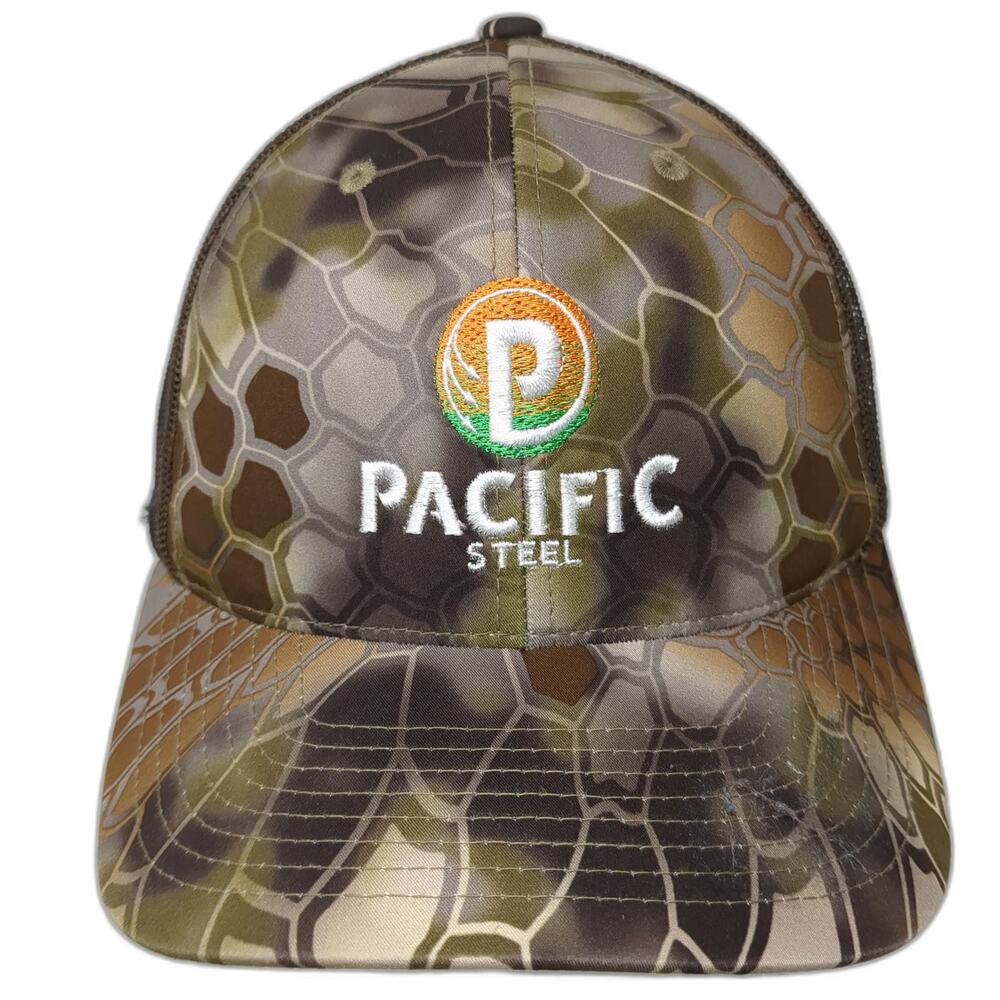 Yupoong Trucker Hat Brown One Size Mesh Snapback Camo Pacific Steel Logo Poly